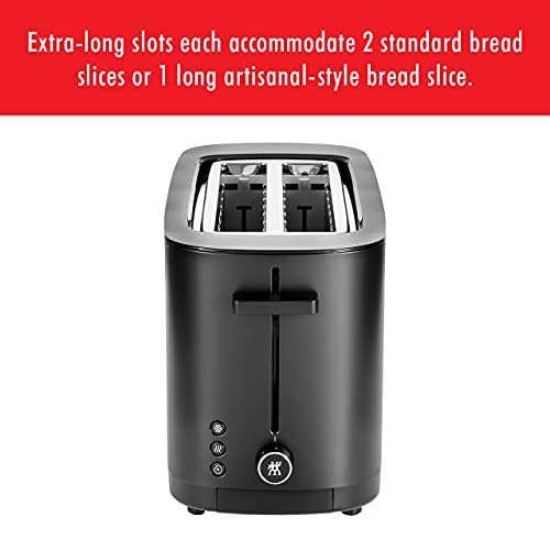 ZWILLING Enfinigy Cool Touch 2 Long Slot Toaster, 4 Slices with Extra Wide 1.5" Slots for Bagels, 7 Toast Settings, Even Toasting, Reheat, Cancel, Defrost, Black