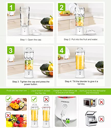 ＭoKo Portable Blender, 270 Watt Personal Blender for Shakes and Smoothies,21OZ Personal Blender USB Rechargeable with 6 Blades, BRA Free, Smoothie Blender for Kitchen Sports Travel and Outdoors,White