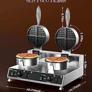 Commercial Waffle Maker PYY Double Waffle Maker Large Stainless Steel Waffle Maker Silver Non-stick Electric Chaffle Maker for Restaurant Party Food Stall