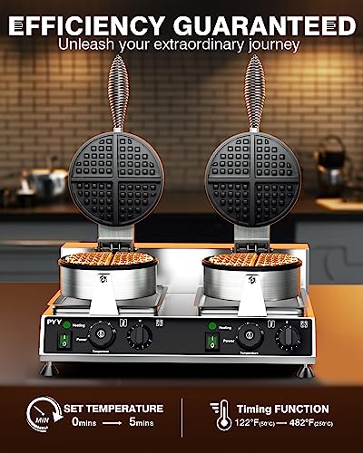 Commercial Waffle Maker PYY Double Waffle Maker Large Stainless Steel Waffle Maker Silver Non-stick Electric Chaffle Maker for Restaurant Party Food Stall