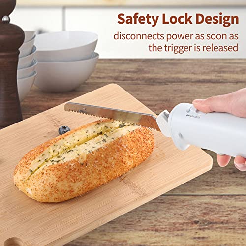 Cushore Professional Cordless Rechargeable Easy-Slice Electric Knife with 4 Reciprocating Serrated Stainless Steel Blades and Safety Lock Trigger Release, Carving Meats, Poultry, Bread, Serving Fork Included, White