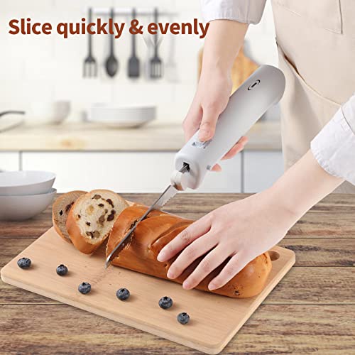 Cushore Professional Cordless Rechargeable Easy-Slice Electric Knife with 4 Reciprocating Serrated Stainless Steel Blades and Safety Lock Trigger Release, Carving Meats, Poultry, Bread, Serving Fork Included, White