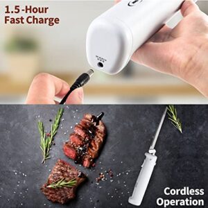 Cushore Professional Cordless Rechargeable Easy-Slice Electric Knife with 4 Reciprocating Serrated Stainless Steel Blades and Safety Lock Trigger Release, Carving Meats, Poultry, Bread, Serving Fork Included, White