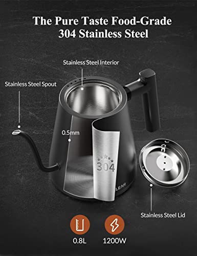 KLEAH Gooseneck Electric Kettle for Coffee Tea Brewing, 0.8L Pour Over Kettle, Keep Warm for 2H Stainless Steel Kettle Auto Shutoff Boil-Dry Protection Digital Display Black for Gift