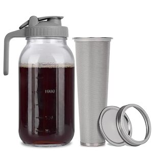 cold brew mason jar iced coffee maker, durable glass, - 64 oz (2 quart / 1.9 liter), with handle& stainless steel filter for iced brew coffee, lemonade, ice tea, homemade fruit drinks container