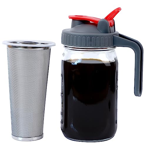 GMSWEET Cold Brew Coffee Maker Mason Jar 32 OZ Wide Mouth Cold Brew Pitcher With Pour Spout Handle Lid And Brew Filter For Iced Coffee, Iced Tea, Lemonade And Beverages