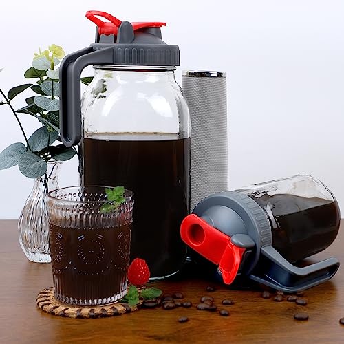 GMSWEET Cold Brew Coffee Maker Mason Jar 32 OZ Wide Mouth Cold Brew Pitcher With Pour Spout Handle Lid And Brew Filter For Iced Coffee, Iced Tea, Lemonade And Beverages