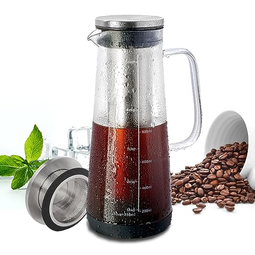 Cold Brew Coffee Maker 2 in 1 Iced Coffee Maker, Glass Pitcher with Lid- 1.2Liter / 40oz, Stainless Steel Filter Removable and BPA-Free Glass Carafe for Iced Coffee, Cold Brew Tea, Juice