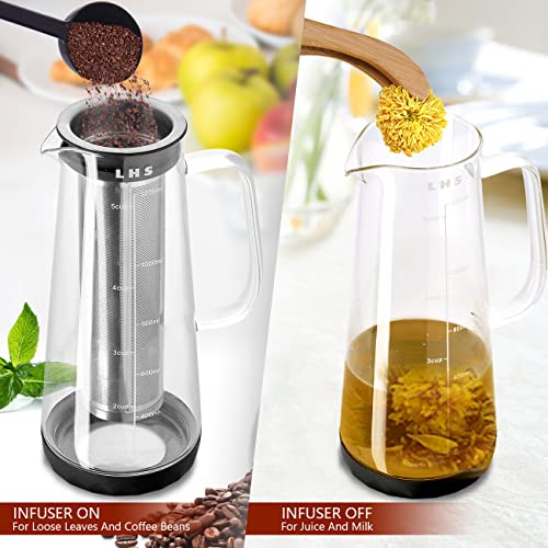 Cold Brew Coffee Maker 2 in 1 Iced Coffee Maker, Glass Pitcher with Lid- 1.2Liter / 40oz, Stainless Steel Filter Removable and BPA-Free Glass Carafe for Iced Coffee, Cold Brew Tea, Juice