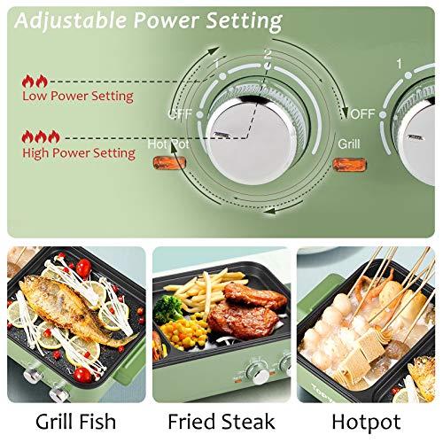 Topwit Shabu Shabu Pot with Grill, 2 in 1 Indoor Non-Stick Shabu Shabu Pot and Griddle for Korean BBQ, Steaks, Ramen and Noodles, Independent Dual Temperature Control, Fast Heating, Green