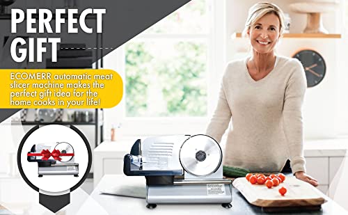 Ecomerr Electric Meat Slicer for Home Use - Automatic Deli Slicer Machine for Cheese, Bread, Vegetables - Round Stainless-Steel Blade, Adjustable Cutting Thickness - Kitchen Food Preparation Equipment