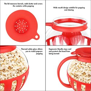 The Original Korcci 3 Quart Microwave Glass Popcorn Popper, Borosilicate Glass, Dishwasher Safe, 3-in-1 Silicone Lid, BPA Free, Family Size (Red)