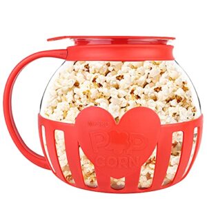 the original korcci 3 quart microwave glass popcorn popper, borosilicate glass, dishwasher safe, 3-in-1 silicone lid, bpa free, family size (red)