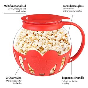 The Original Korcci 3 Quart Microwave Glass Popcorn Popper, Borosilicate Glass, Dishwasher Safe, 3-in-1 Silicone Lid, BPA Free, Family Size (Red)