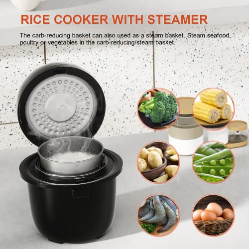 Rice Cooker Small Low Carb, YOKEKON 3-cup (uncooked) Rice Cooker with Stainless Steel Steamer, 8-in-1 Rice Maker, Delay Timer and Auto Keep Warm Feature, Sushi, Risitto, Steamer, Cake, Black