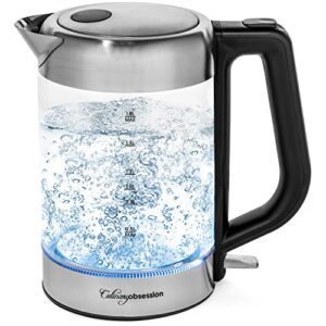 glass electric kettle | bpa free with borosilicate glass & stainless steel - 1.8 liter rapid boil cordless teapot with automatic shut off - the best hot water heater for tea, coffee, soup, and more!