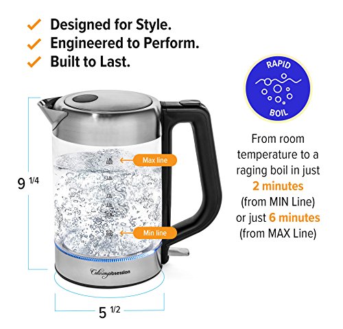 Glass Electric Kettle | BPA Free with Borosilicate Glass & Stainless Steel - 1.8 Liter Rapid Boil Cordless Teapot with Automatic Shut Off - the Best Hot Water Heater for Tea, Coffee, Soup, and More!