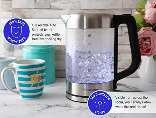 Glass Electric Kettle | BPA Free with Borosilicate Glass & Stainless Steel - 1.8 Liter Rapid Boil Cordless Teapot with Automatic Shut Off - the Best Hot Water Heater for Tea, Coffee, Soup, and More!