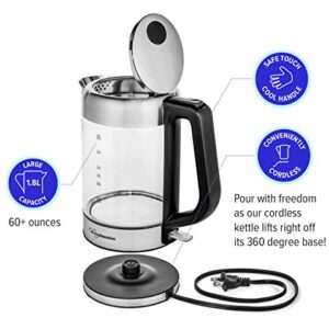 Glass Electric Kettle | BPA Free with Borosilicate Glass & Stainless Steel - 1.8 Liter Rapid Boil Cordless Teapot with Automatic Shut Off - the Best Hot Water Heater for Tea, Coffee, Soup, and More!