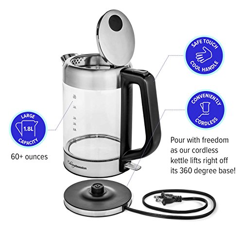 Glass Electric Kettle | BPA Free with Borosilicate Glass & Stainless Steel - 1.8 Liter Rapid Boil Cordless Teapot with Automatic Shut Off - the Best Hot Water Heater for Tea, Coffee, Soup, and More!