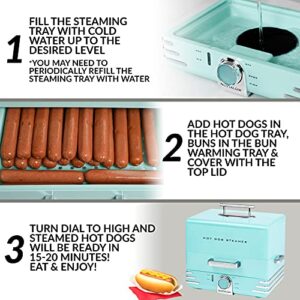 Nostalgia Extra Large Diner-Style Steamer, 20 Hot Dogs and 6 Bun Capacity, Perfect for Breakfast Sausages, Brats, Vegetables, Fish, Aqua