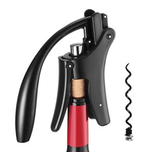 kitvinous wine opener, vertical lever corkscrew with non-stick worm, compact wine bottle opener manual with two-motion ergonomic handle and build-in foil cutter, extra spiral, black