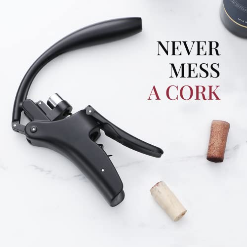 KITVINOUS Wine Opener, Vertical Lever Corkscrew with Non-Stick Worm, Compact Wine Bottle Opener Manual with Two-Motion Ergonomic Handle and Build-in Foil Cutter, Extra Spiral, Black