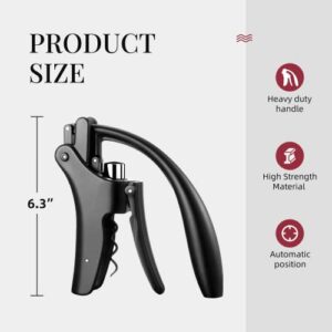 KITVINOUS Wine Opener, Vertical Lever Corkscrew with Non-Stick Worm, Compact Wine Bottle Opener Manual with Two-Motion Ergonomic Handle and Build-in Foil Cutter, Extra Spiral, Black