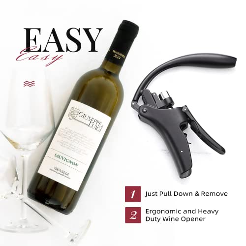 KITVINOUS Wine Opener, Vertical Lever Corkscrew with Non-Stick Worm, Compact Wine Bottle Opener Manual with Two-Motion Ergonomic Handle and Build-in Foil Cutter, Extra Spiral, Black