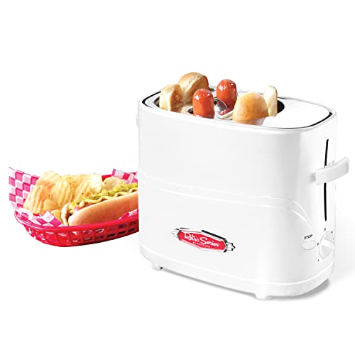 Nostalgia 2 Slot Hot Dog and Bun Toaster with Mini Tongs, Hot Dog Toaster Works with Chicken, Turkey, Veggie Links, Sausages and Brats, White