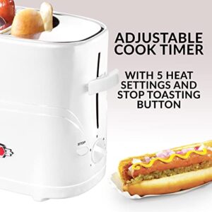 Nostalgia 2 Slot Hot Dog and Bun Toaster with Mini Tongs, Hot Dog Toaster Works with Chicken, Turkey, Veggie Links, Sausages and Brats, White