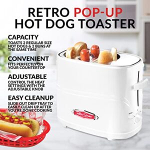 Nostalgia 2 Slot Hot Dog and Bun Toaster with Mini Tongs, Hot Dog Toaster Works with Chicken, Turkey, Veggie Links, Sausages and Brats, White