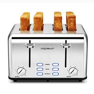 toaster 4 slice wide slot stainless steel toasters with bagel, reheat, cancel, defrost function, 6 shade settings, removable crumb tray, 1550w, aigostar