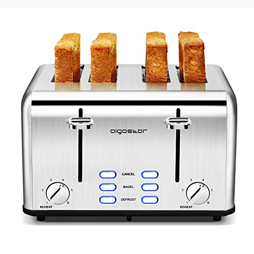 Toaster 4 Slice Wide Slot Stainless Steel Toasters with Bagel, Reheat, Cancel, Defrost Function, 6 Shade Settings, Removable Crumb Tray, 1550W, Aigostar