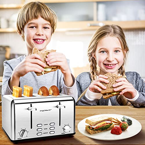 Toaster 4 Slice Wide Slot Stainless Steel Toasters with Bagel, Reheat, Cancel, Defrost Function, 6 Shade Settings, Removable Crumb Tray, 1550W, Aigostar