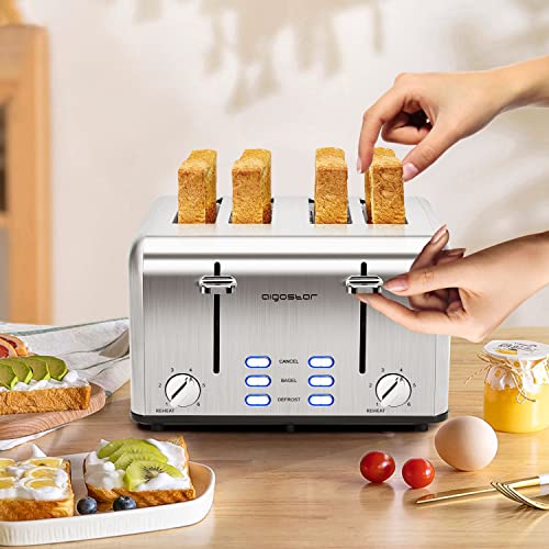 Toaster 4 Slice Wide Slot Stainless Steel Toasters with Bagel, Reheat, Cancel, Defrost Function, 6 Shade Settings, Removable Crumb Tray, 1550W, Aigostar