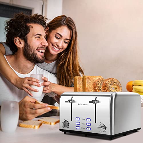 Toaster 4 Slice Wide Slot Stainless Steel Toasters with Bagel, Reheat, Cancel, Defrost Function, 6 Shade Settings, Removable Crumb Tray, 1550W, Aigostar