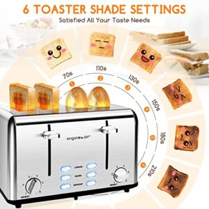 Toaster 4 Slice Wide Slot Stainless Steel Toasters with Bagel, Reheat, Cancel, Defrost Function, 6 Shade Settings, Removable Crumb Tray, 1550W, Aigostar