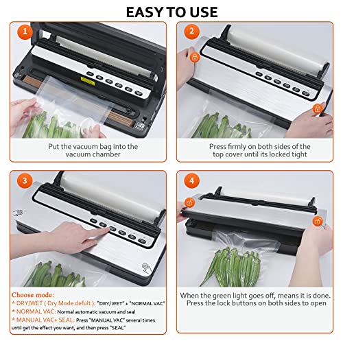 Vacuum Sealer, Dry/ Moist Automatic Food Sealer w/ Sealer Bags for Sous Vide/ Food Storage, 6 Modes Food Vacuum Air Sealer Packer Machine with Cutter and Bags Roll Storage( 12"), Double Seal, Detachable Sink, Easy Clean, Lab Tested, Silver Upgrade