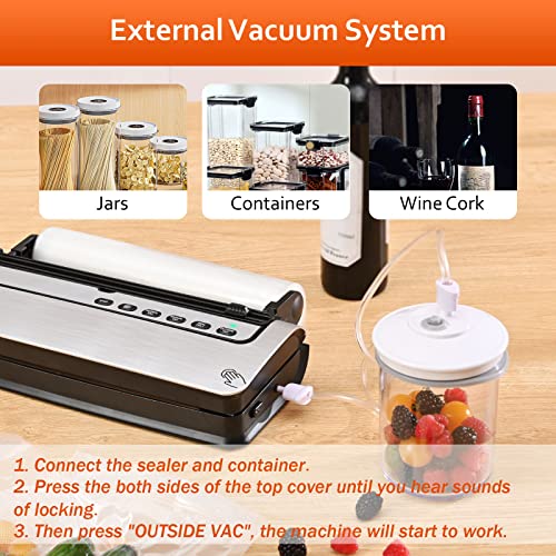 Vacuum Sealer, Dry/ Moist Automatic Food Sealer w/ Sealer Bags for Sous Vide/ Food Storage, 6 Modes Food Vacuum Air Sealer Packer Machine with Cutter and Bags Roll Storage( 12"), Double Seal, Detachable Sink, Easy Clean, Lab Tested, Silver Upgrade