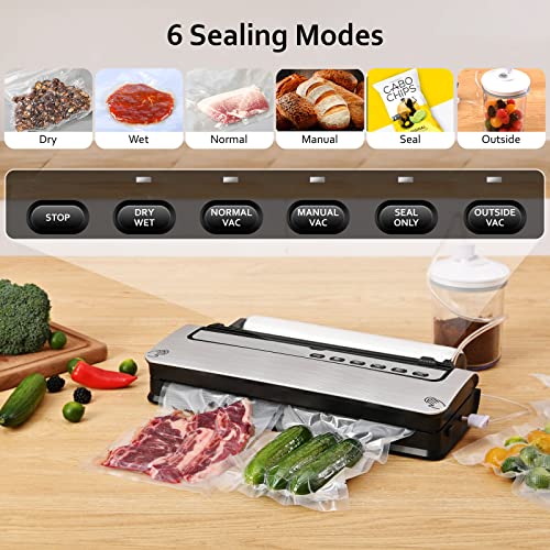 Vacuum Sealer, Dry/ Moist Automatic Food Sealer w/ Sealer Bags for Sous Vide/ Food Storage, 6 Modes Food Vacuum Air Sealer Packer Machine with Cutter and Bags Roll Storage( 12"), Double Seal, Detachable Sink, Easy Clean, Lab Tested, Silver Upgrade