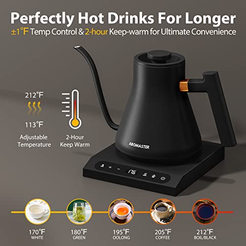 Aromaster Gooseneck Kettle with Temperature Control,Electric Pour Over Coffee Tea Kettle,Stainless Steel,2H Keep Warm,1200 Watt Quick Heating Tea Pot,Auto Shutoff Boil-Dry Protection,0.9L,Black