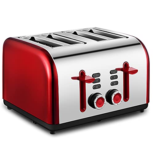 Red Toaster 4 Slice, CUSINAID Wide Slots 4 Slice Toasters Stainless Steel with Reheat Defrost Cancel Function, 7-Shade Setting, Red Color