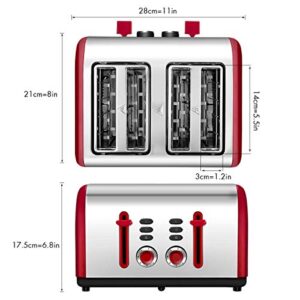 Red Toaster 4 Slice, CUSINAID Wide Slots 4 Slice Toasters Stainless Steel with Reheat Defrost Cancel Function, 7-Shade Setting, Red Color