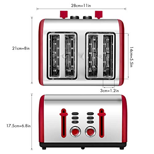 Red Toaster 4 Slice, CUSINAID Wide Slots 4 Slice Toasters Stainless Steel with Reheat Defrost Cancel Function, 7-Shade Setting, Red Color