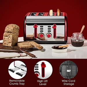 Red Toaster 4 Slice, CUSINAID Wide Slots 4 Slice Toasters Stainless Steel with Reheat Defrost Cancel Function, 7-Shade Setting, Red Color