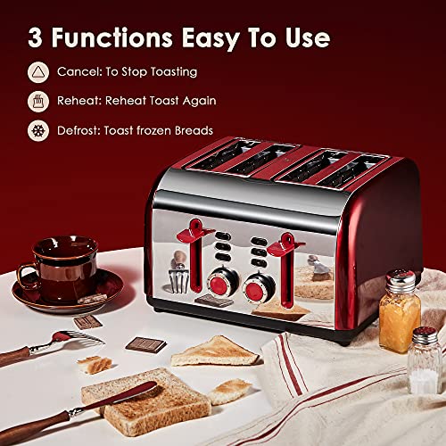 Red Toaster 4 Slice, CUSINAID Wide Slots 4 Slice Toasters Stainless Steel with Reheat Defrost Cancel Function, 7-Shade Setting, Red Color