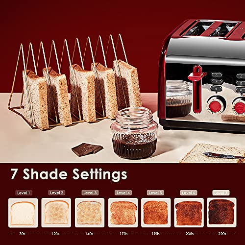 Red Toaster 4 Slice, CUSINAID Wide Slots 4 Slice Toasters Stainless Steel with Reheat Defrost Cancel Function, 7-Shade Setting, Red Color