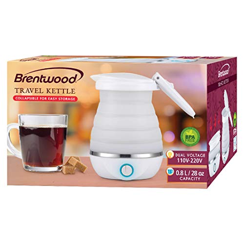 Brentwood KT-1508W Dual Voltage 120/220 Volt 0.8 Liter Collapsible-Travel Kettle, White