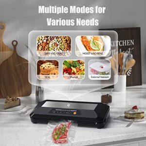 Vacuum Sealer Machine for Food Saver, Automatic Food Sealers with Built-in Cutter & Bag Storage, Dry/Moist/External Vacuum System Modes, Air Sealing Machines with 10 Sealer Bags &1 Roller Bag for Sous Vide